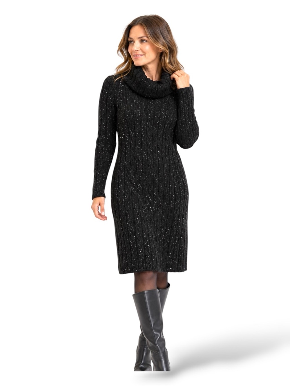 Tommy Hilfiger knit dress cable black silver cotton cowl turtle neck medium